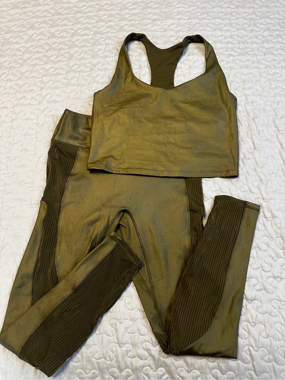 Fabletics Olive Green Ribbed Sports Bra & Leggings Set
